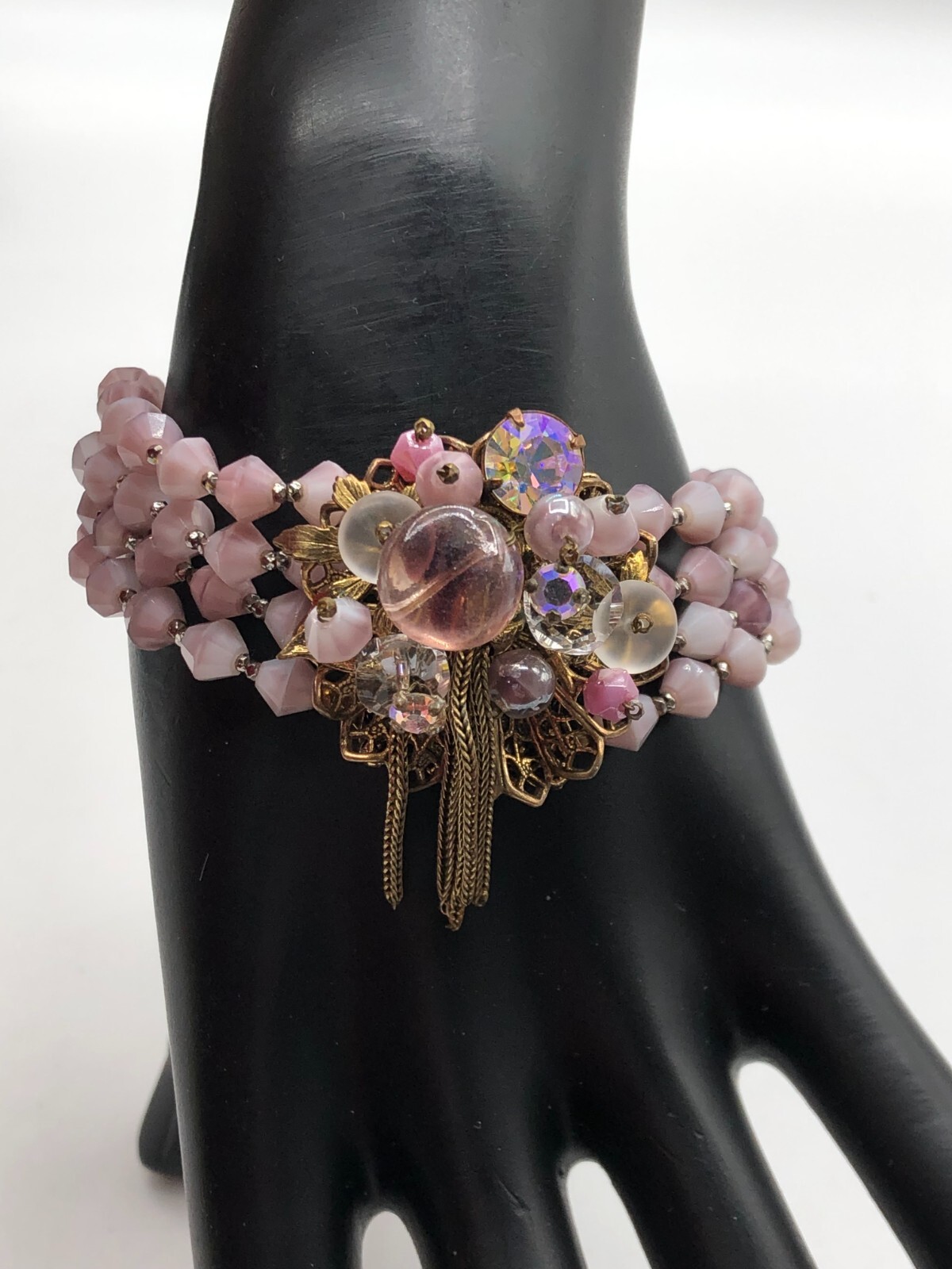 VTG 4 Strand Lavender Glass Bicone Bracelet Fancy Clasp Art Glass Rhinestones