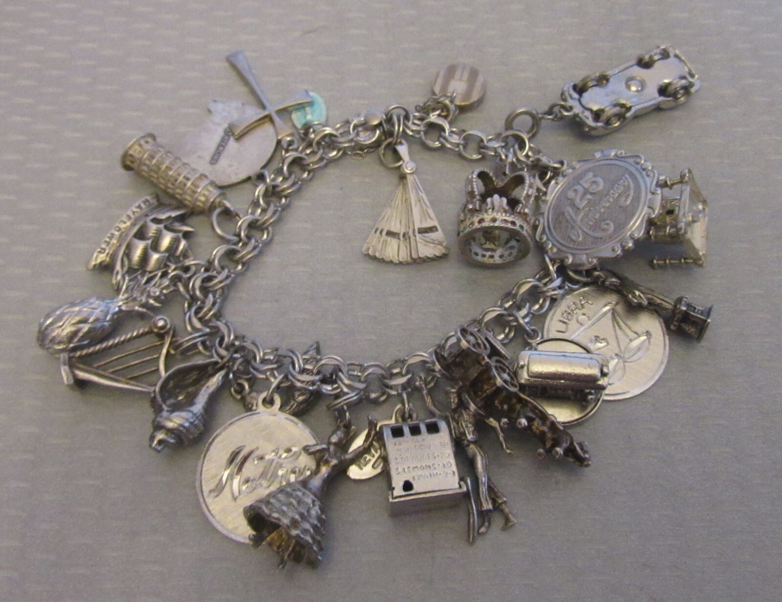 Vintage Sterling Silver Charm Bracelet Loaded 24P Buildings Travel 3D Full 92g