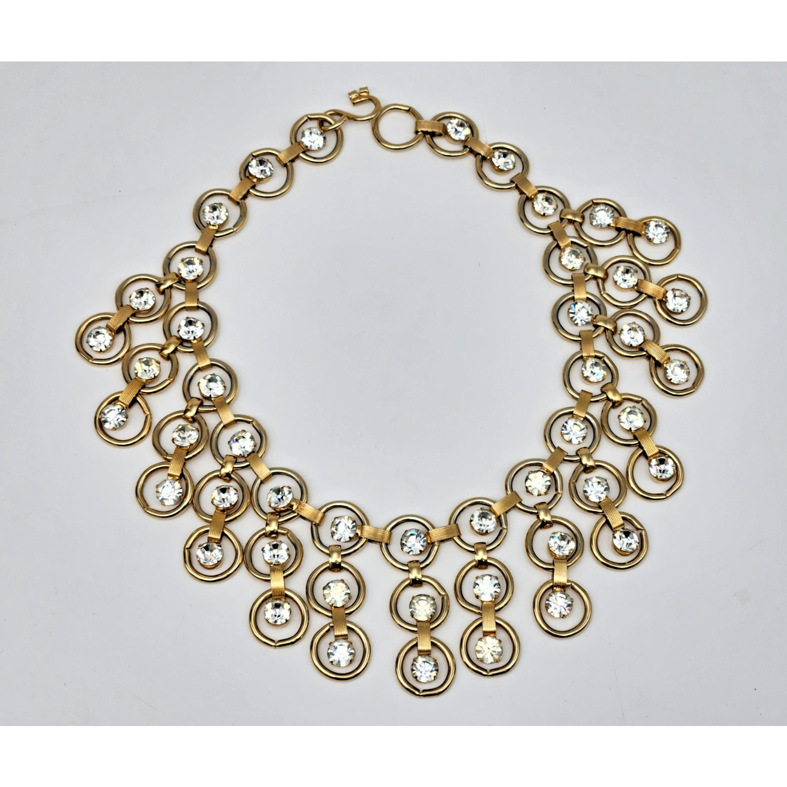 Vintage Statement Gold Circle Link Rhinestone Bib Festoon Collar Necklace