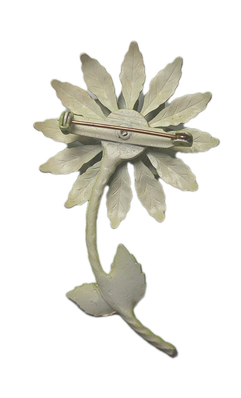 Vintage Lime Green Enamel Flower Pin Brooch with Clear Glass Center