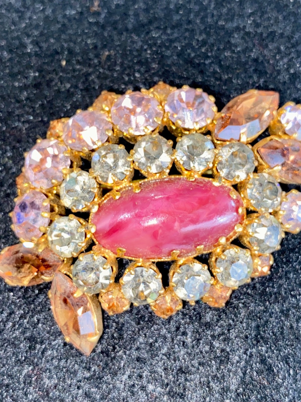 Vintage Pink/Fushia Rhinestone/Pink Art Glass Cabochon Brooch/Pin