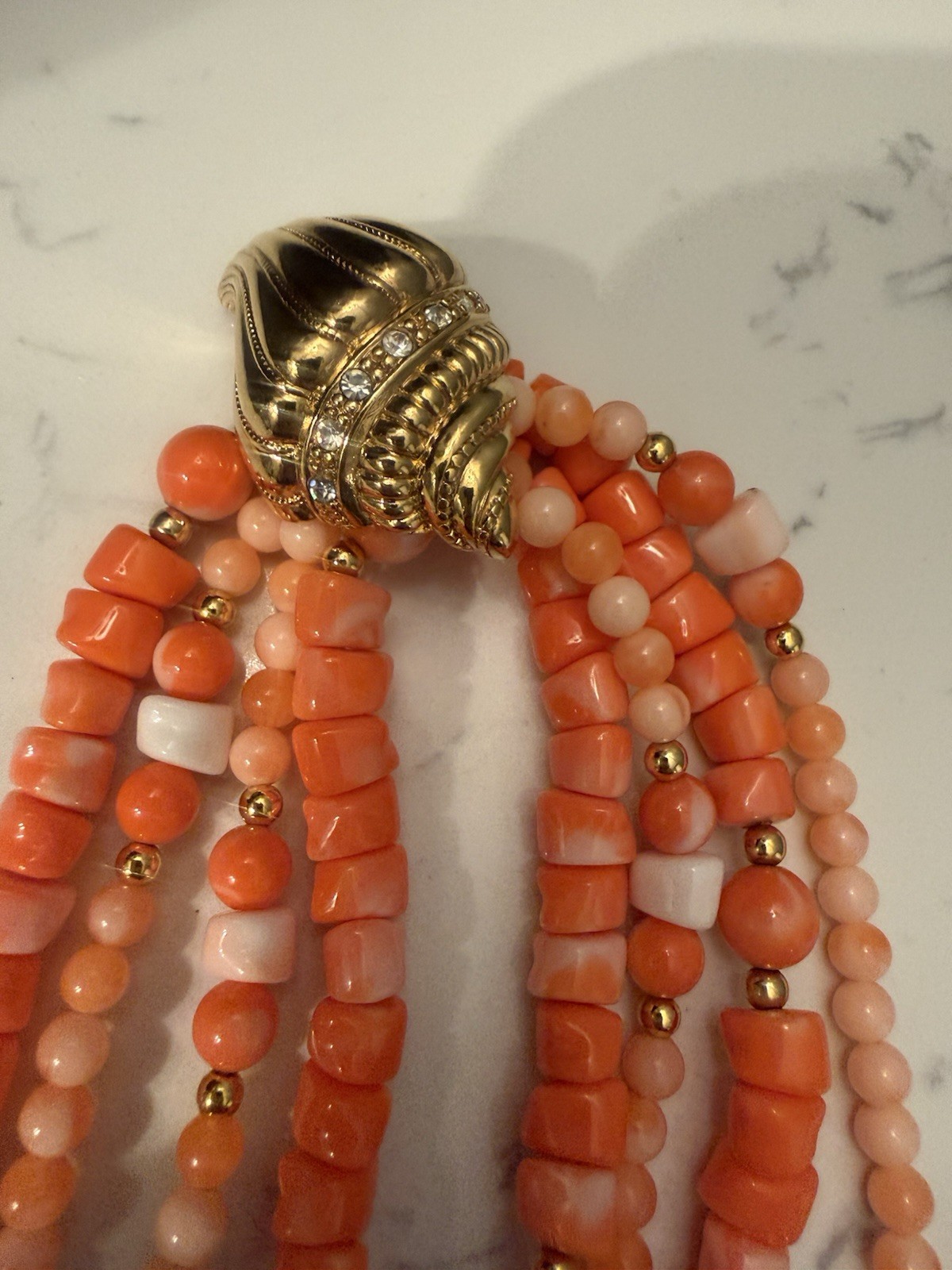 Vintage Orange Coral Avon double Layered Beaded Collar Gold shell Necklace