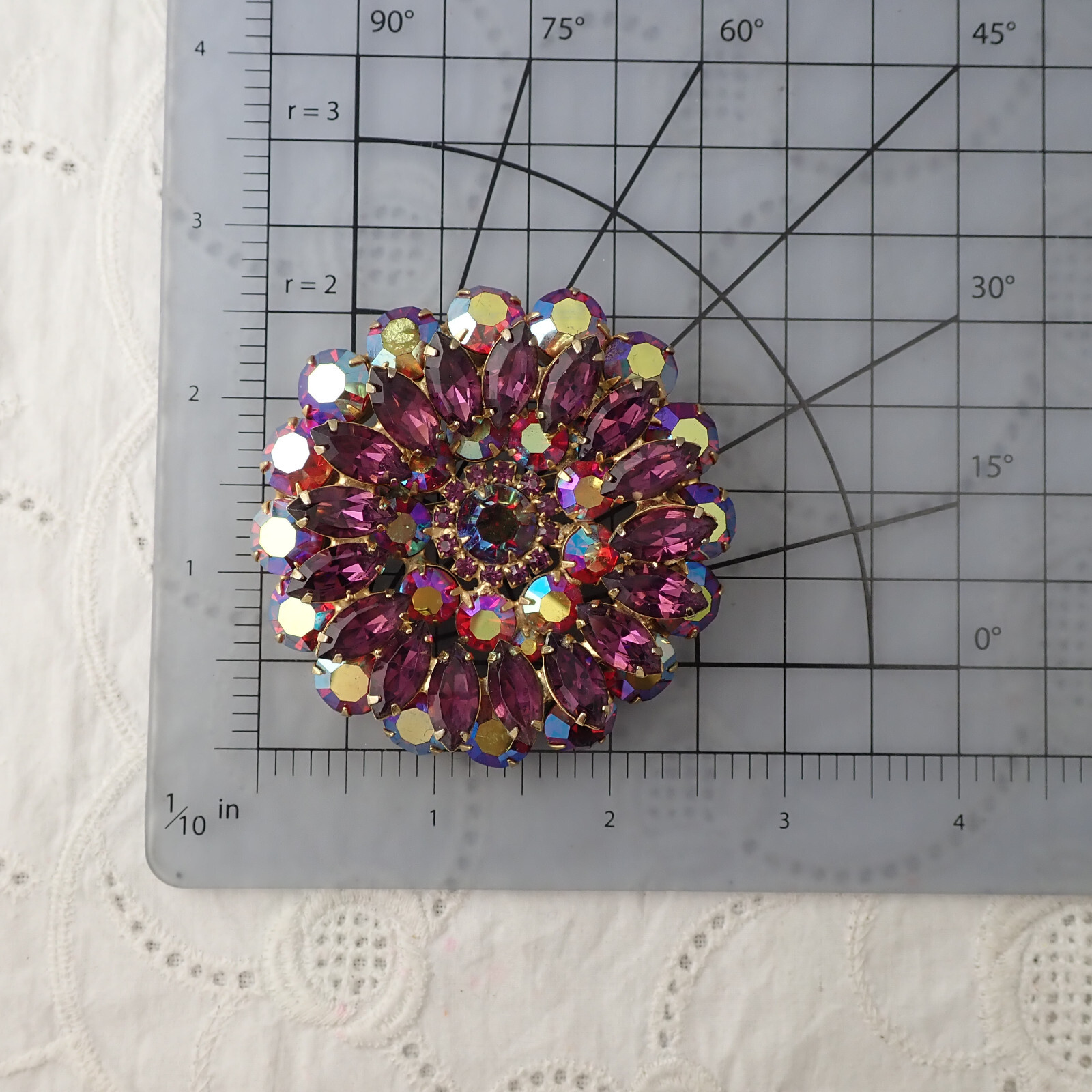 Massive Vintage Juliana Purple AB Red Rhinestone Layered Flower Pin Brooch