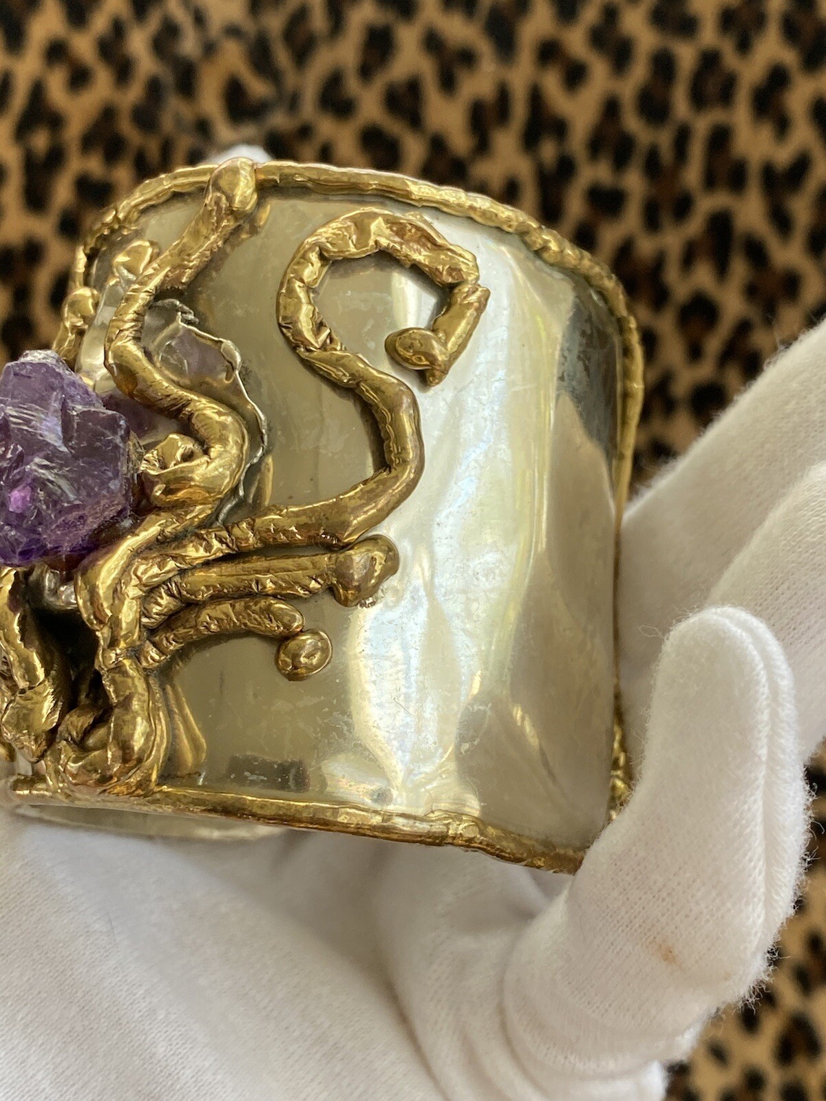 Vintage COPA COLLECTION Huge Chunky Brutalist Modernist Cuff Bracelet Amethyst