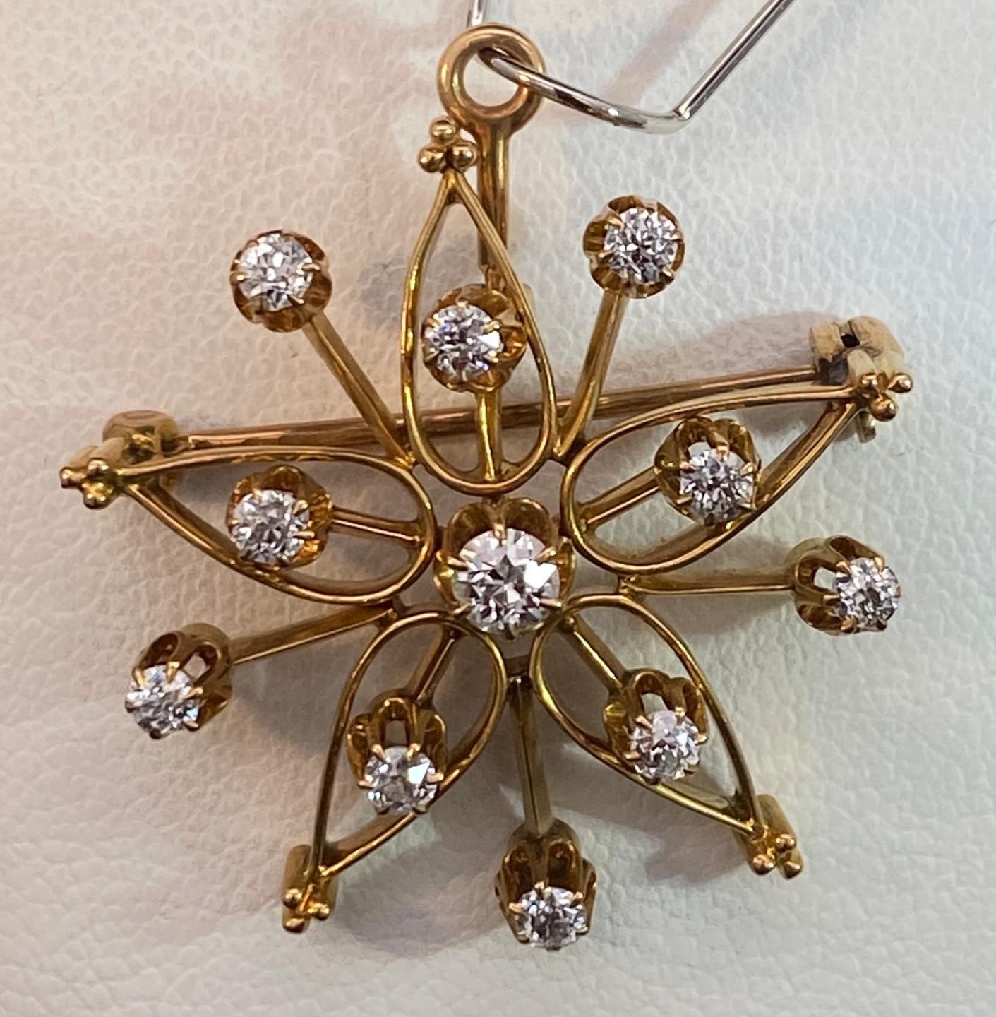 14k Yellow Gold Diamond Convertible 1″ Pin Pendant Brooch c1900 BP21