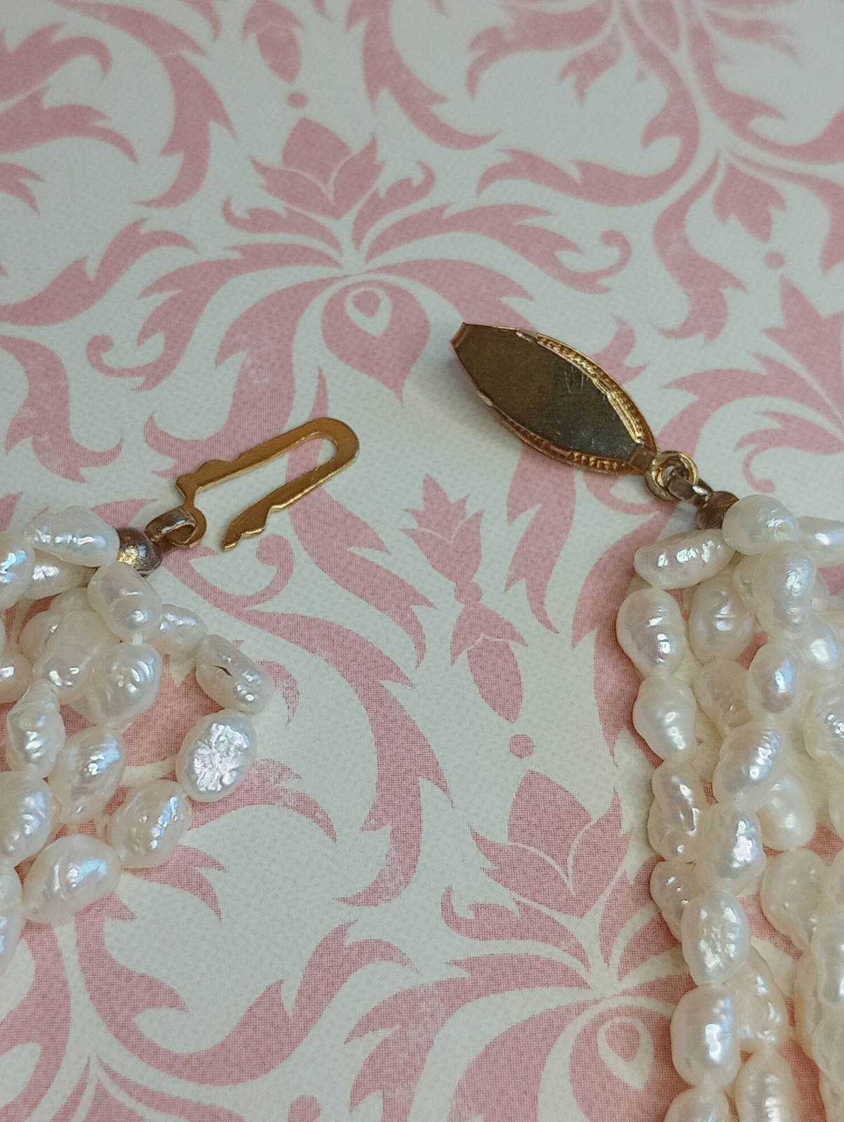 Vtg Freshwater Baroque Rice Pearl Bracelet Gold Tone Fish Hook Clasp 6 Strand