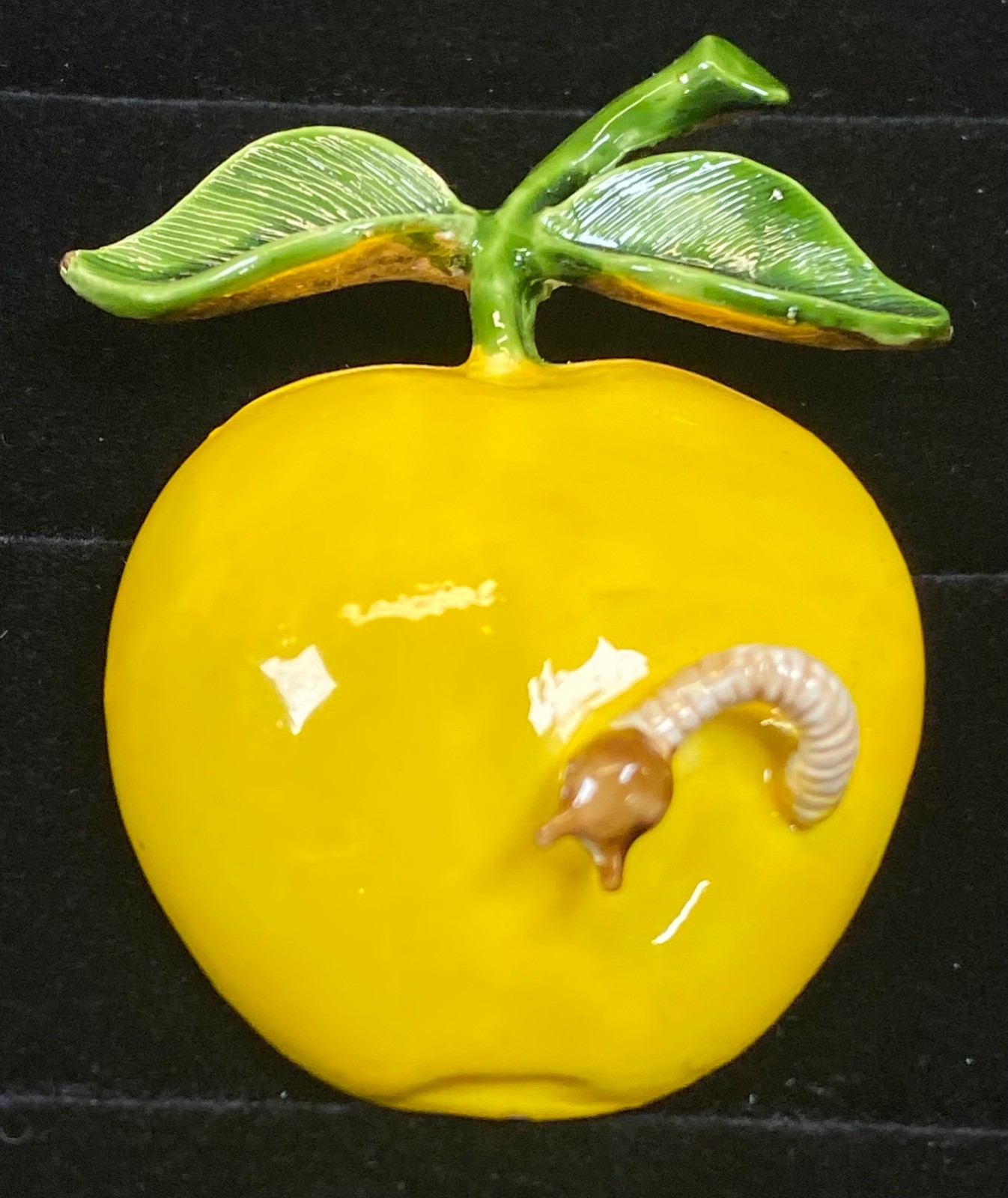 Vintage Brooch Pin Yellow Apple Worm 60s MCM Enamel Gold Tone Original By Robert