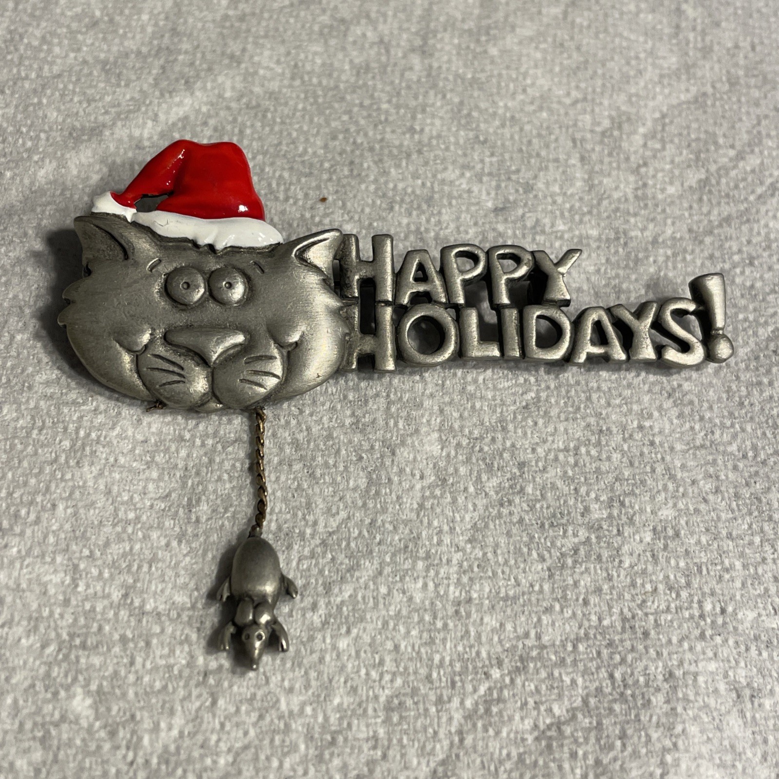 Vintage Signed JJ Happy Holidays Cat Mouse Brooch Pin Jewelry Vic-56