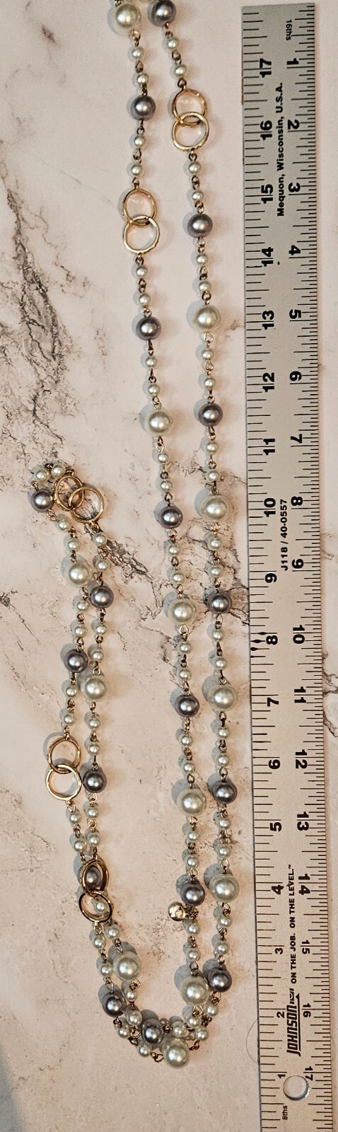 C1946 Single Strand Ivory and Grey Pearls on Gold Plated Chain