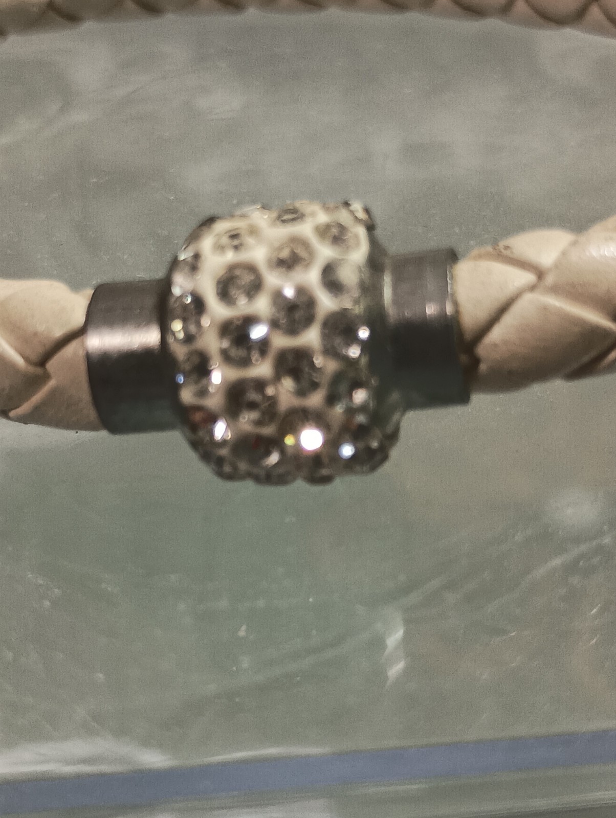 Vintage White Braided Leather Bracelet Crystal Rhinestone Bead Silver Tone Clasp