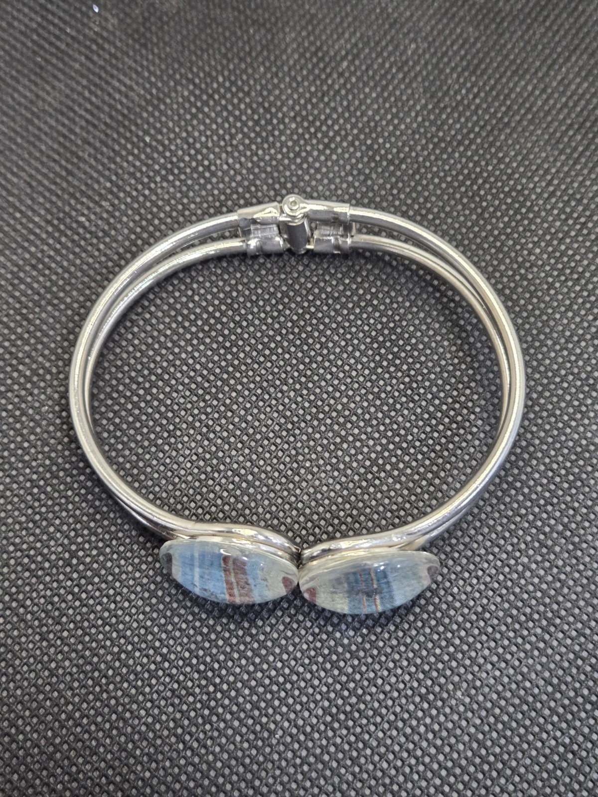 Vintage Silver Tone Hinged Cuff Bracelet | Double Bezel Art Glass Cabochons |…