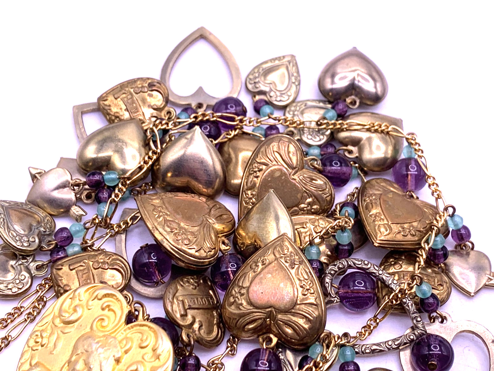 Vintage Lucy Isaacs Charm Necklace puffy hearts Victorian beaded extra long