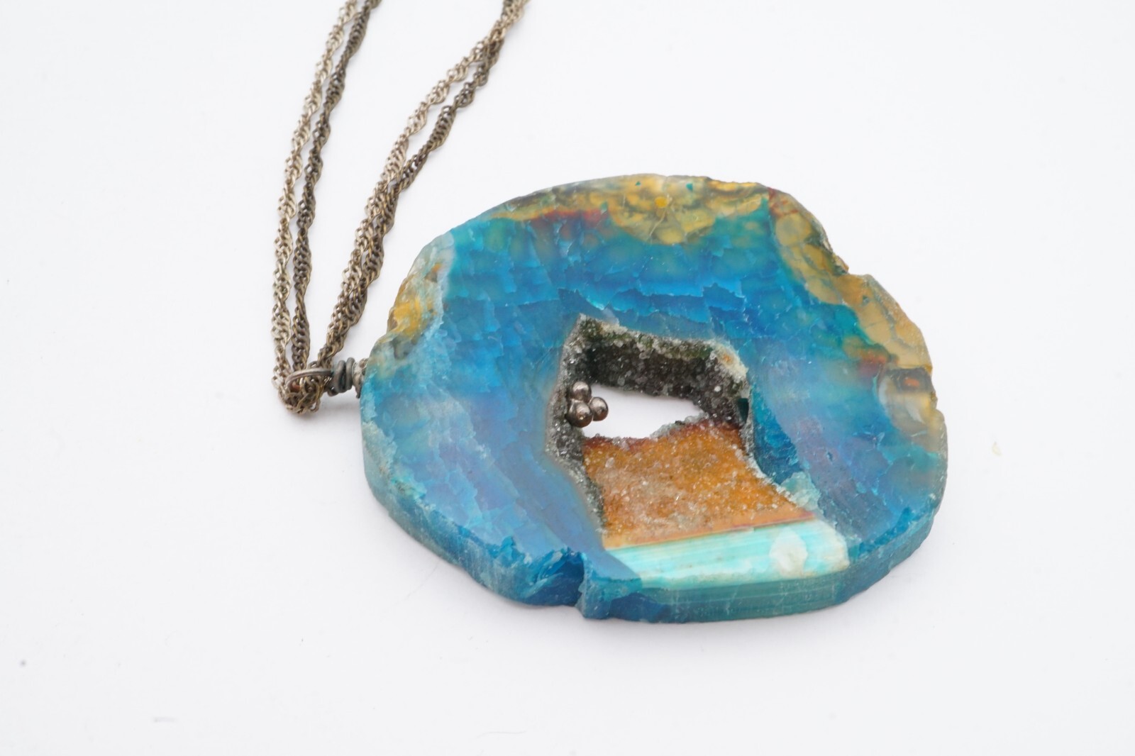 Vintage Necklace Silver Tone Blue Agate Geode 19″