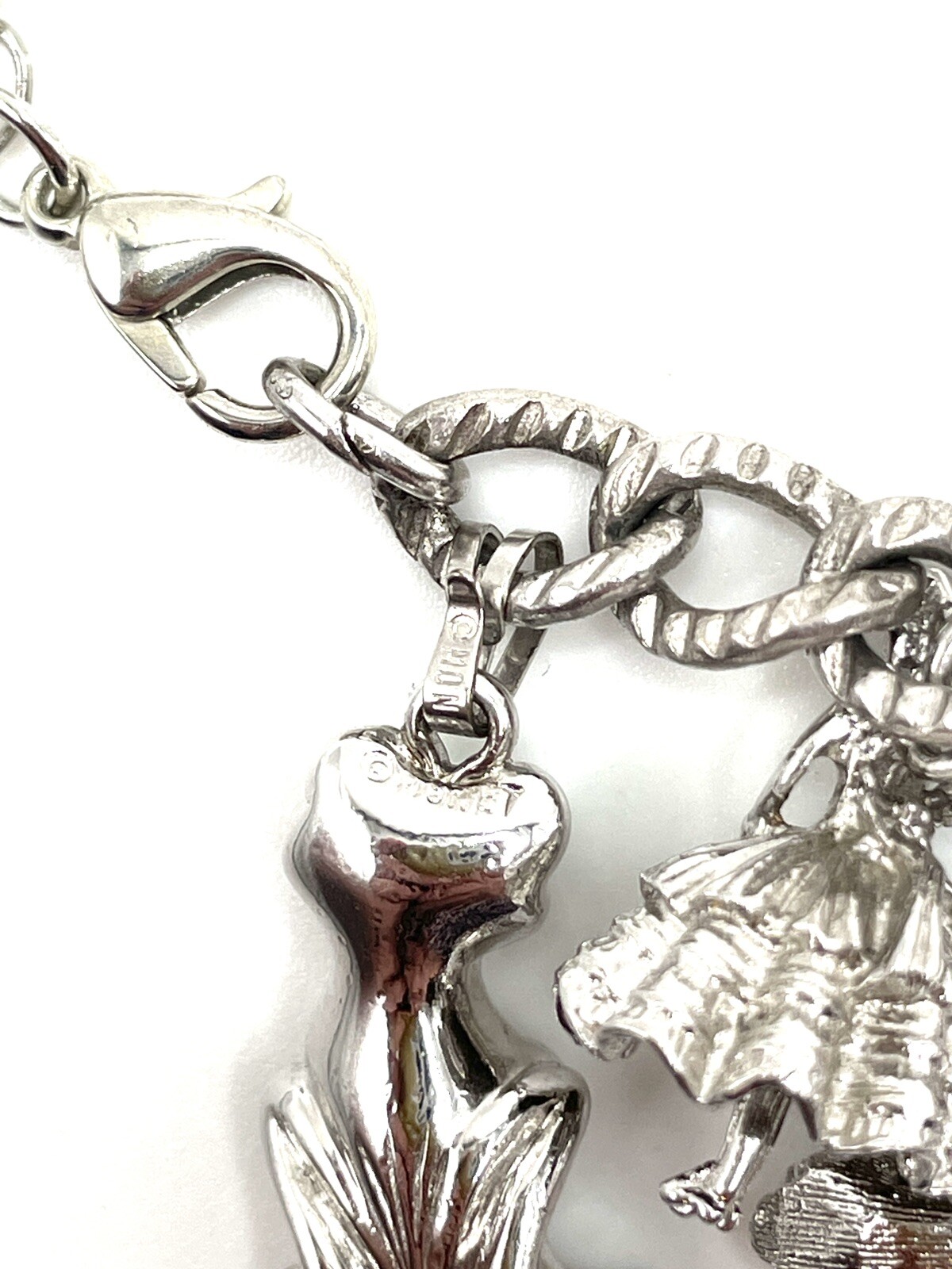 Monet Sterling Silver Articulated Figural Crystal Charm Bracelet 61.5g Vintage