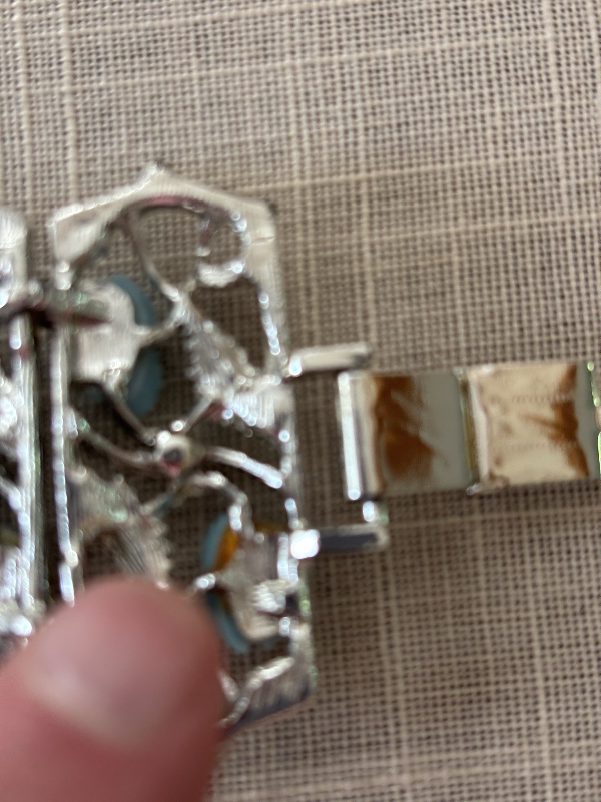 Vintage Silver Tone Blue Thermoset Enamel Wide Cuff Link Bracelet 7 1/2 Inch