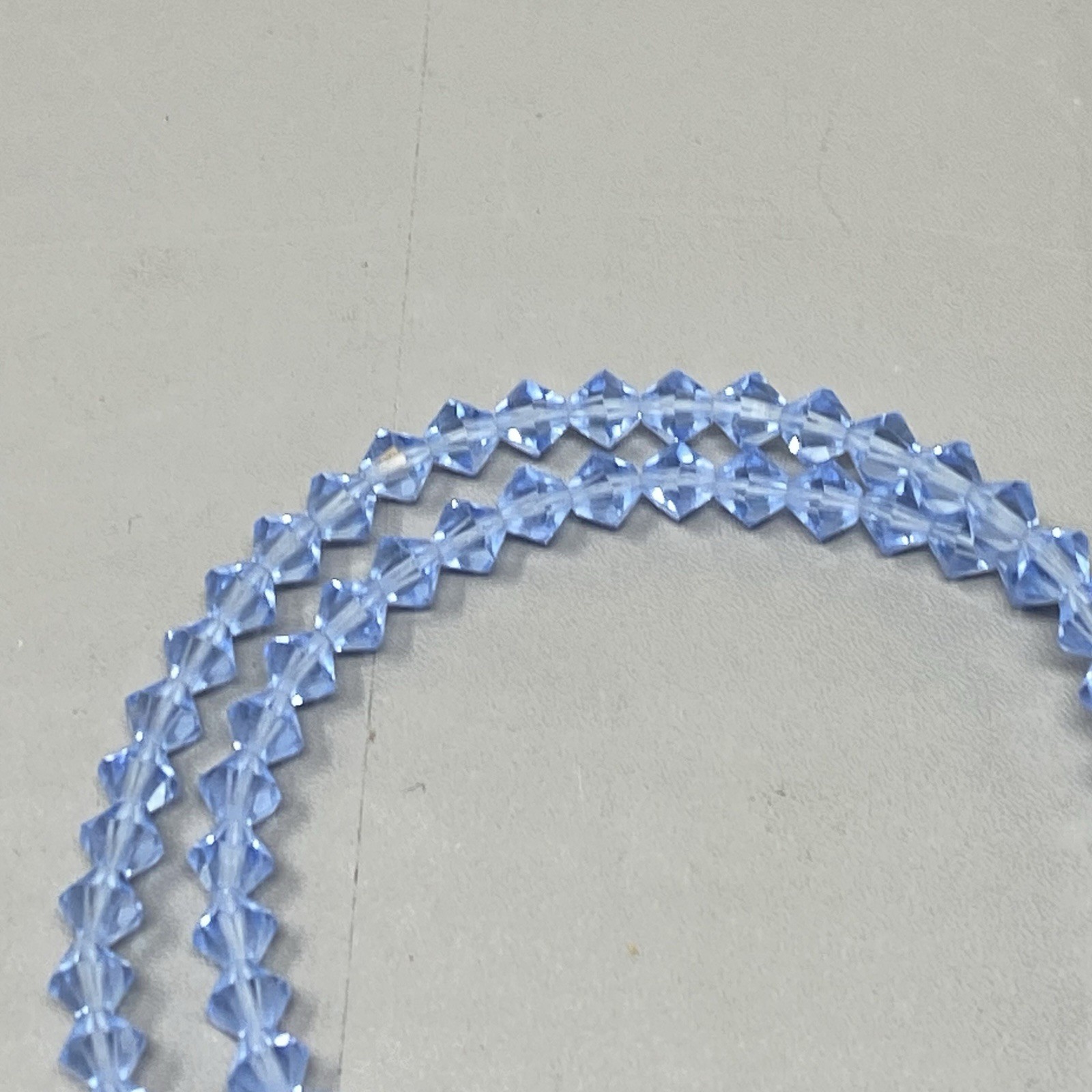 Light Blue Glass Beaded Necklace Bicone Faceted Shiny Fire Polished Vintage 24″