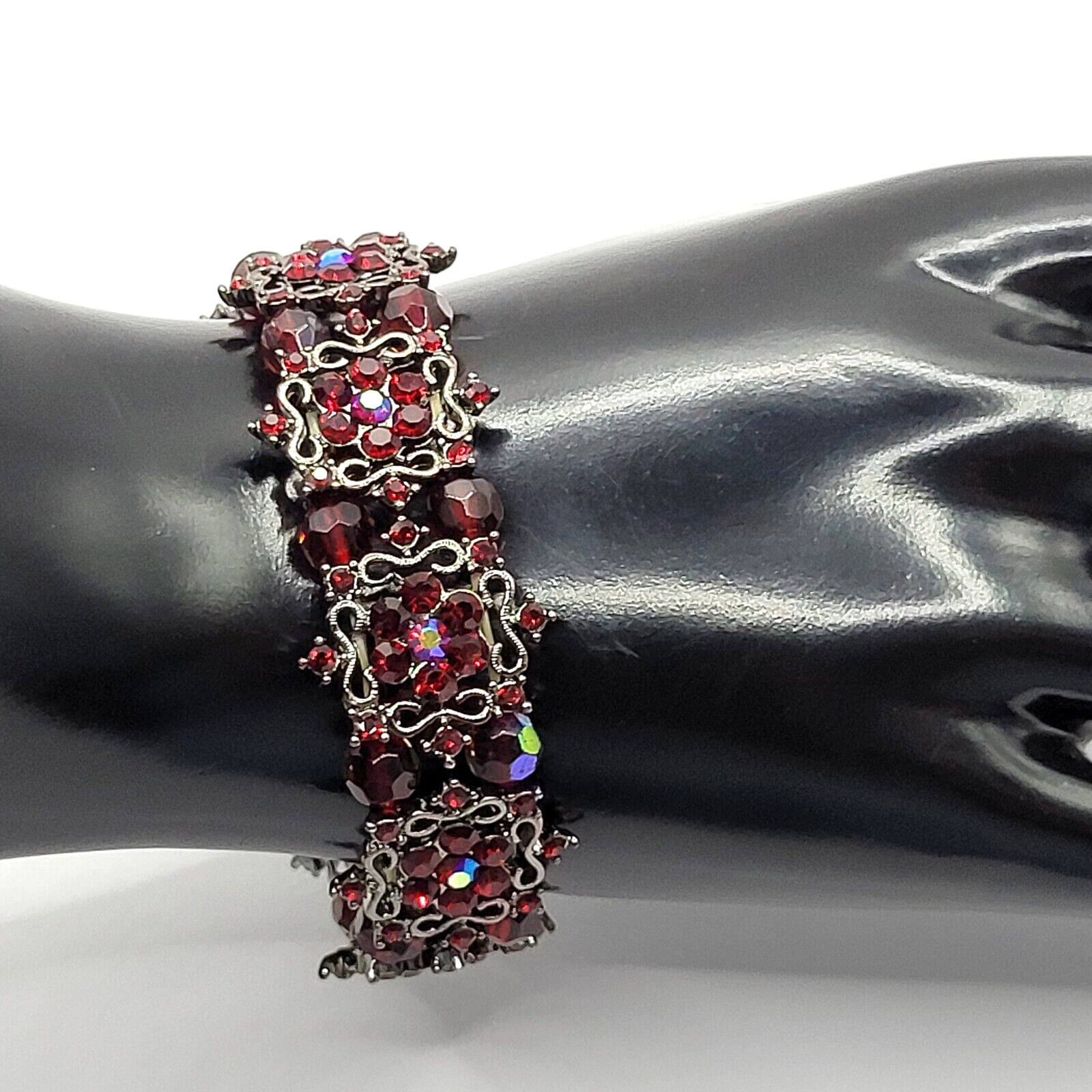 Red AB Crystal Sparkle Flower Floral Metal Ornate Fancy Event Stretch Bracelet