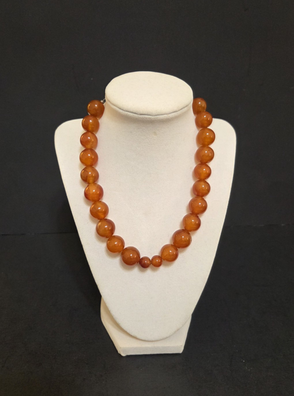 Vintage Resin Amber Necklace Orange Brown. Sterling Silver 925 clasp. 17″ w/bag