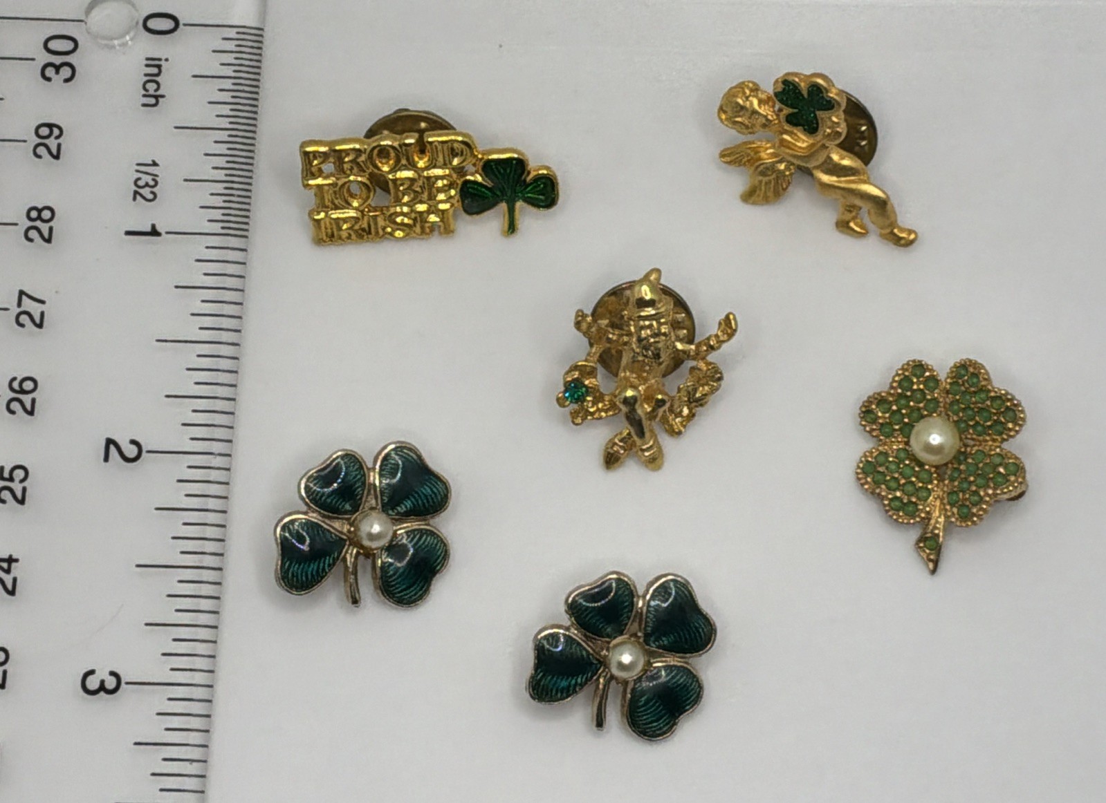 Vintage Clover St Patricks Day Pins Leprechaun Gold Tone Enamel Faux Pearl Lot 6