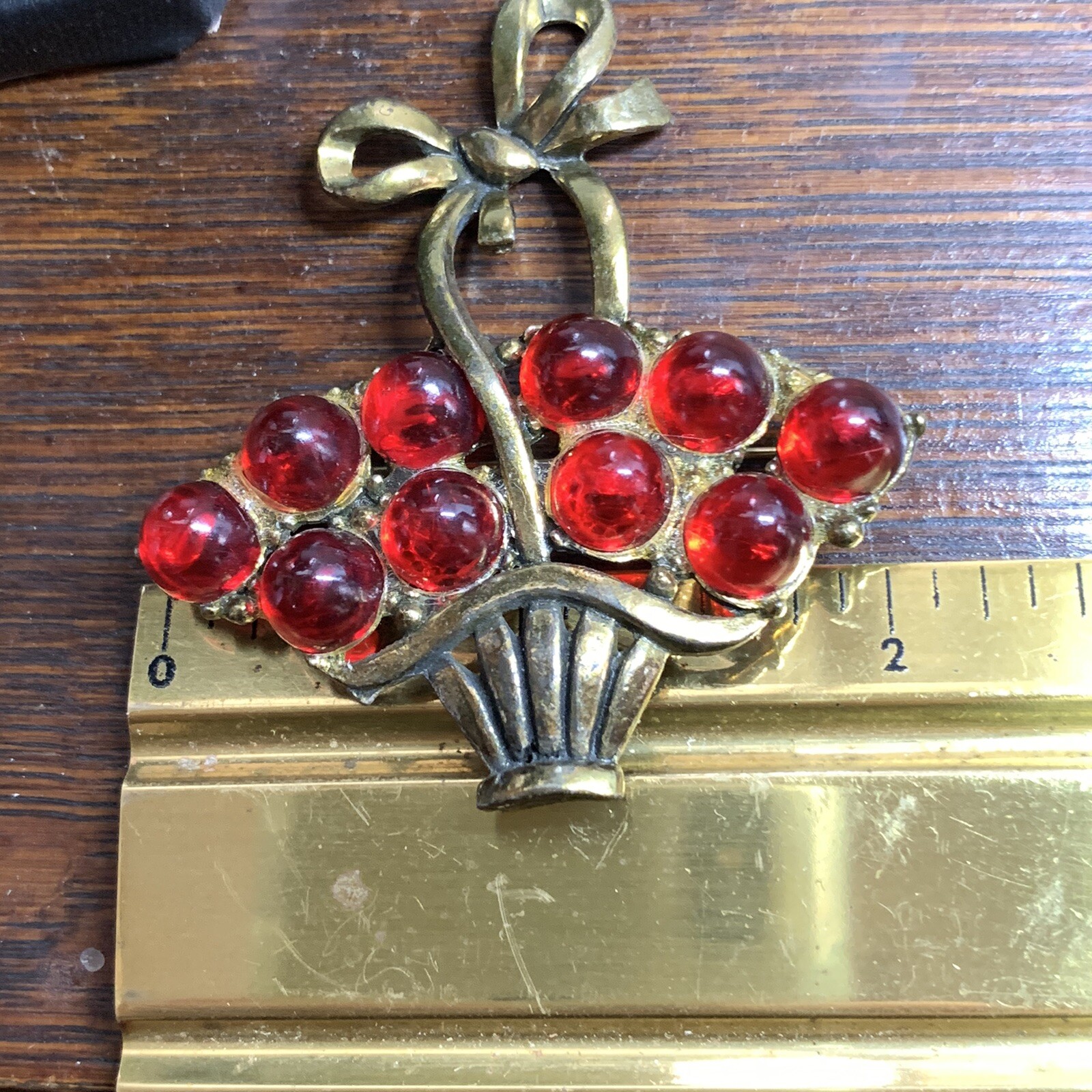Antique Basket Brooch Red Poured Glass Gripoix Cabochons 1920s 1930s Cherries