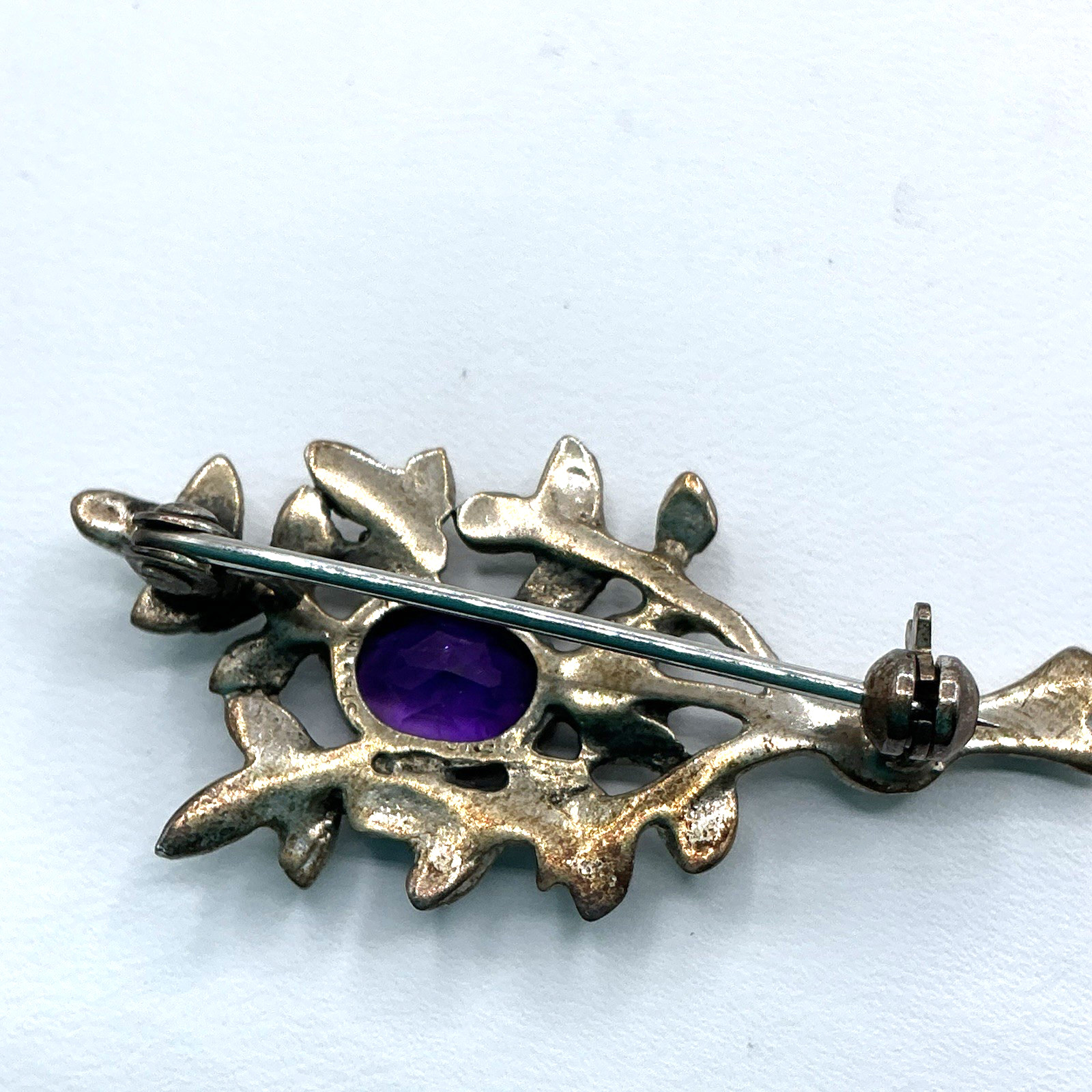 Shiptonia Sterling Silver Amethyst Art Nouveau Branch Leaf Nature Brooch Pin