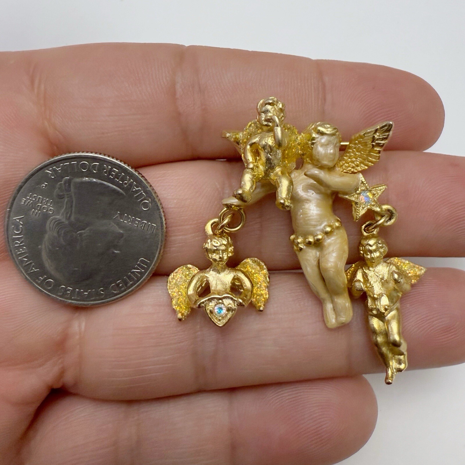 Vintage Kirks Folly Enamel Rhinestone Cherub Angel Dangle Goldtone Brooch Pin