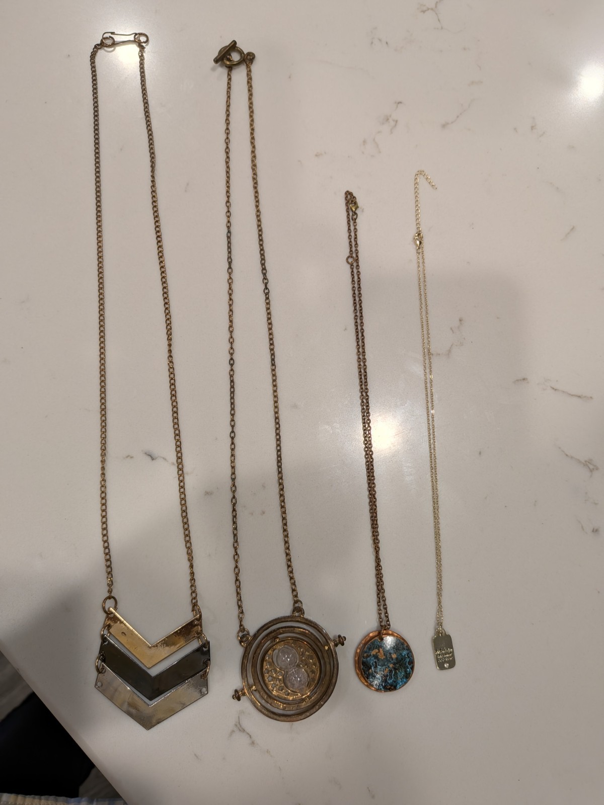 Lot of 4 Statement Necklaces | Chevron Geometric, Time Turner Style – Gold Tone