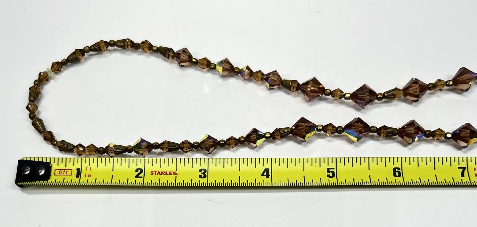Vintage Faceted Bicone Crystal AB Bronze & Metal Spacers Long Graduated Necklace