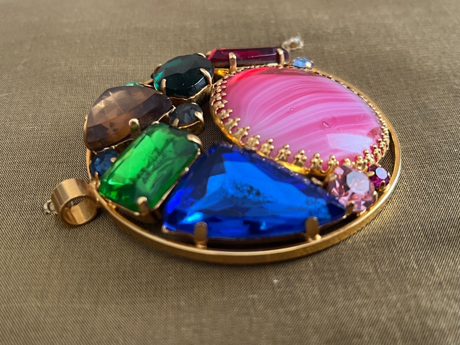 Vintage Pendant West Germany Filigree With Pink Givre Glass Cabochon Stunning!