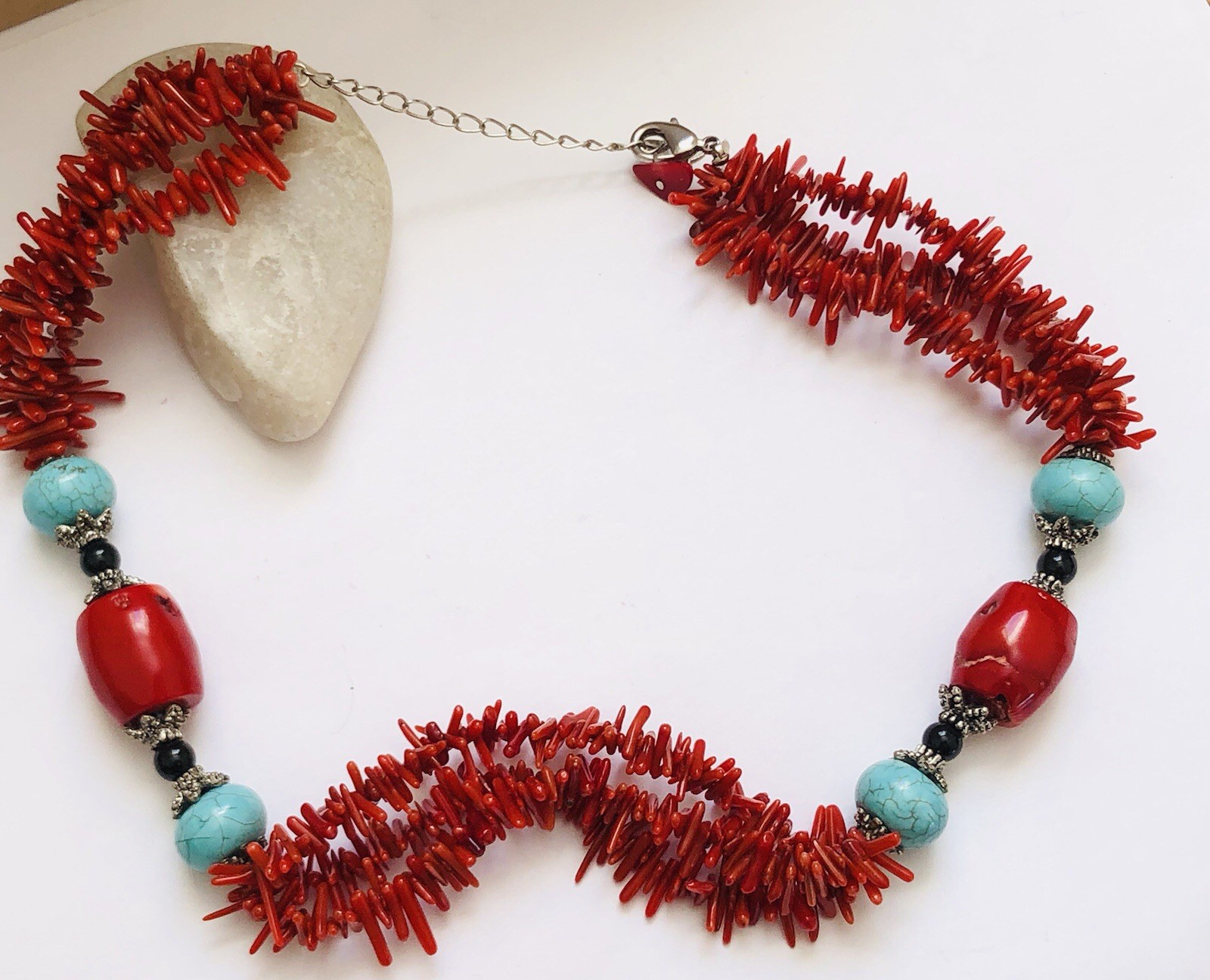 Vtg HDNY Red Coral Necklace W/ Beautiful Turquoise Beads Approximately 76grams