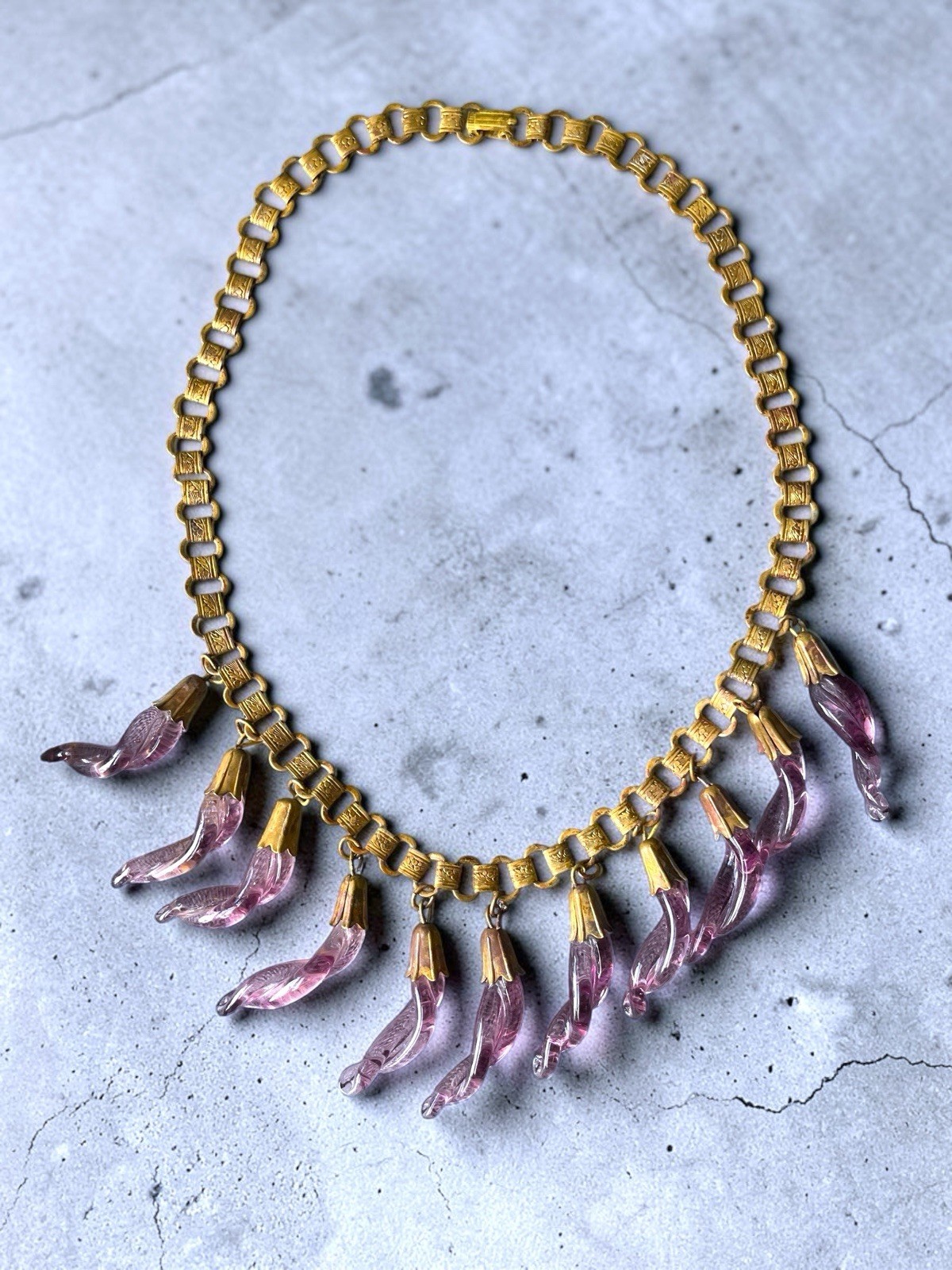 Victorian Book-link Chain Purple Twisted Czech Art Glass Festoon Bib Necklace