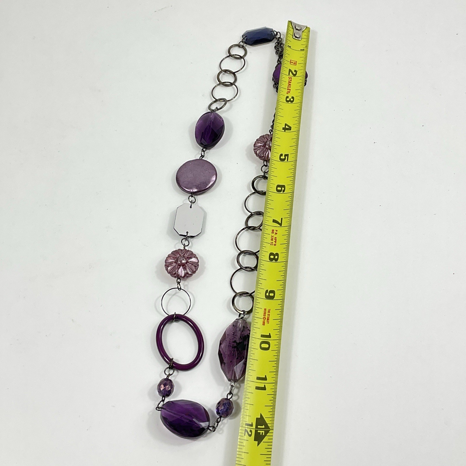 Vintage Asymmetrical Purple Acrylic Crystal Gunmetal Chain Link 24″ Necklace
