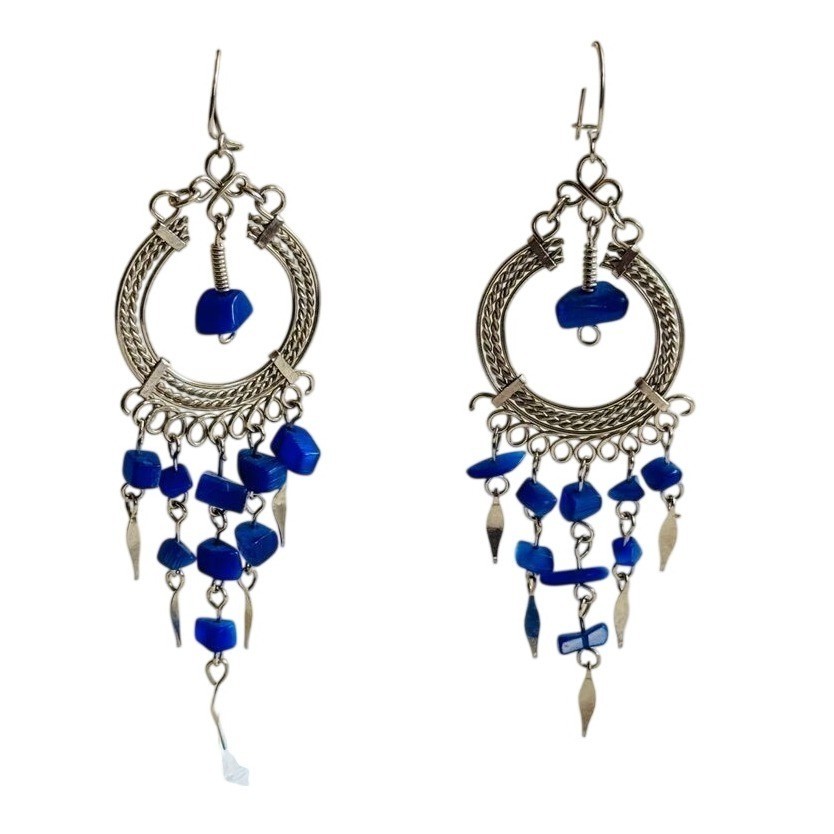 VTG hoop chandelier Earrings silver blue moonstone beads Flashy Dangle Pierced