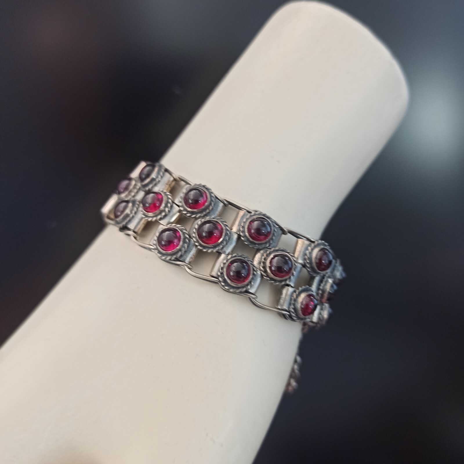 Vintage Garnet Bracelet 925 Silver Wide Statement Artisan GI OOAK Ethnic Boho