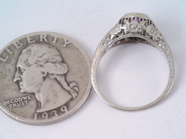 ANTIQUE ART DECO 18K WHITE GOLD FILIGREE LAB RUBY STONE RING sz 5 3/4