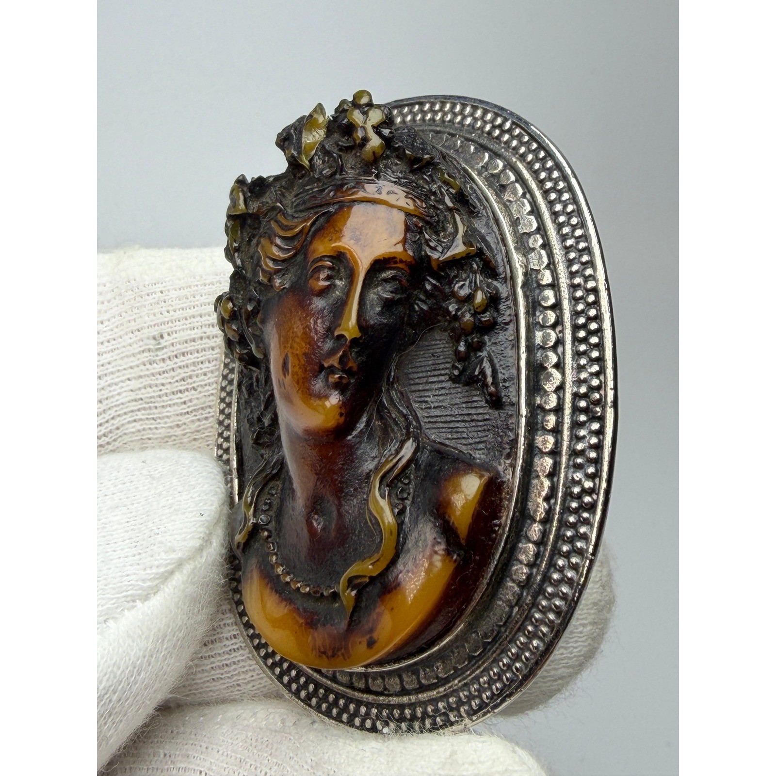 Antique Sterling Silver Cameo Brooch High Relief Amber Toned Lady Portrait #1193