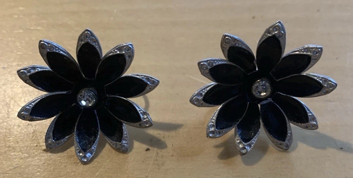 Vintage Made In Germany Brooch And Clip On Earrings Black With Rhinestone Center
