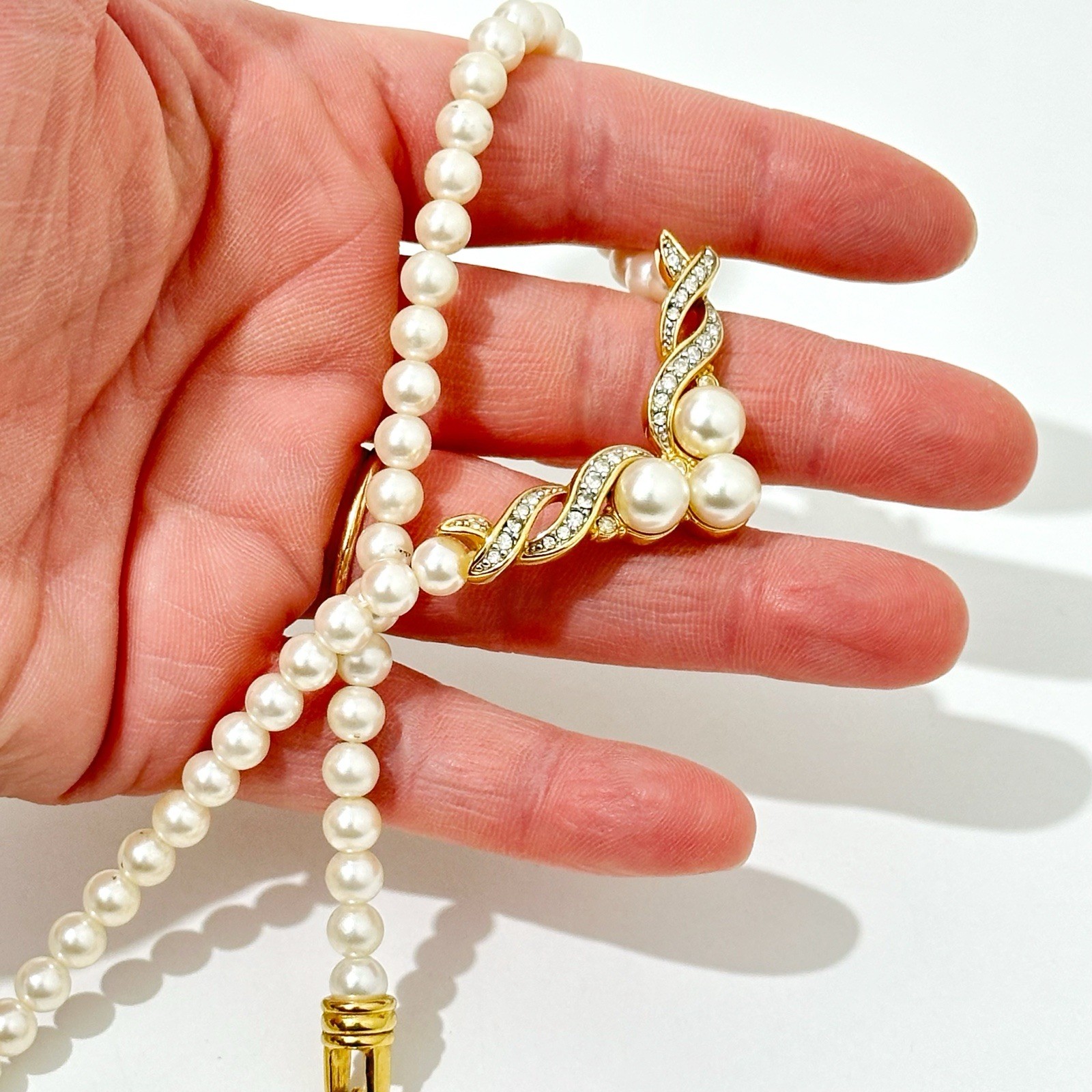 Vintage Faux Pearl Rhinestone Necklace Gold Tone Formal Bridal Wedding 45cm