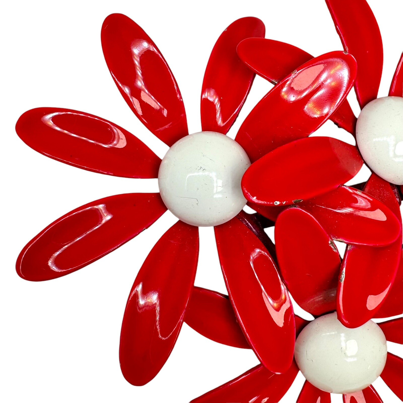 Vtg Metal Enamel Daisy Flower Brooch Pins White Brown and Triple Red White