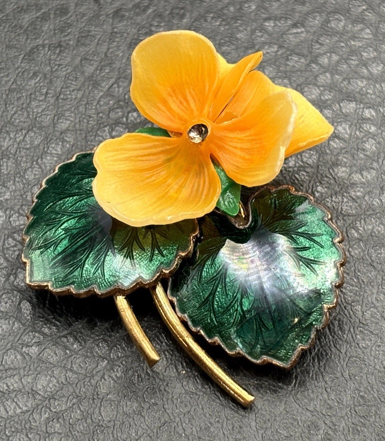 Vintage Yellow Pansy Flower Brooch Rhinestone Green Enamel Leaves Gold Tone Pin