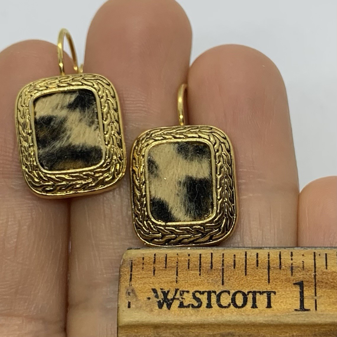 Vtg 90s Cheetah Faux Fur Gold Tn Chain Link Leverback Earrings Rectangle Bold