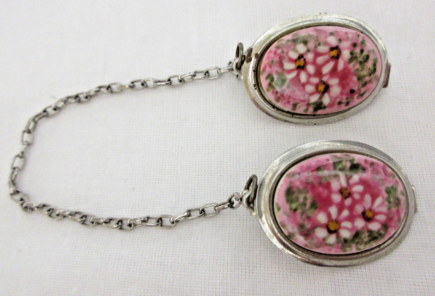 Vintage Silver Tone Hand Painted Pink with White Flowers Porcelain Sweater Clip