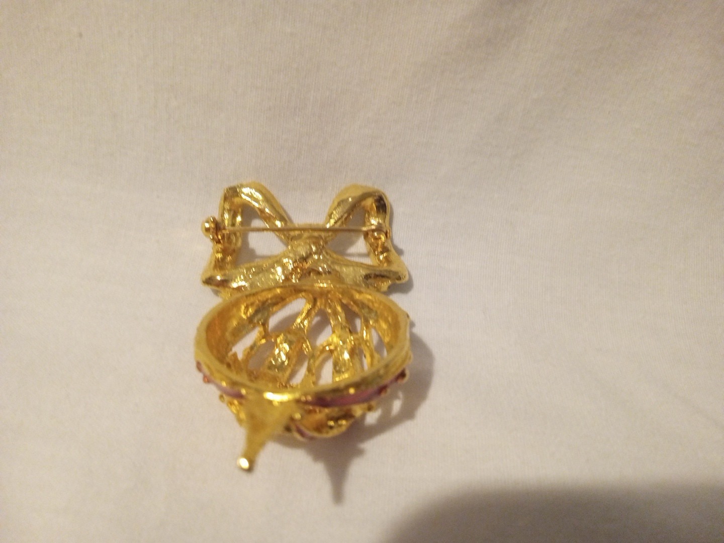 Gold Tone Green, Red Faux Diamond Christmas Ornament Pin 2 1/2 Inches