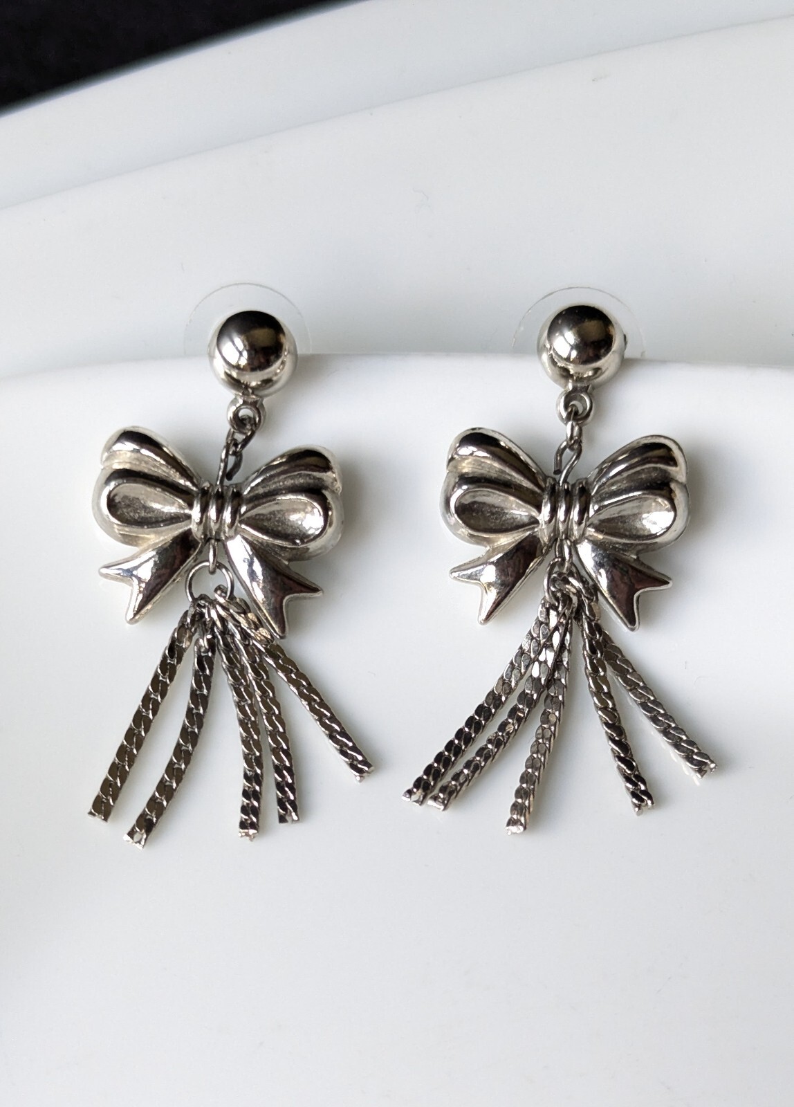 Vintage Silver Tone Ribbon Bow Tie Tassel Chain Charm Drop Stud Dangle Earrings