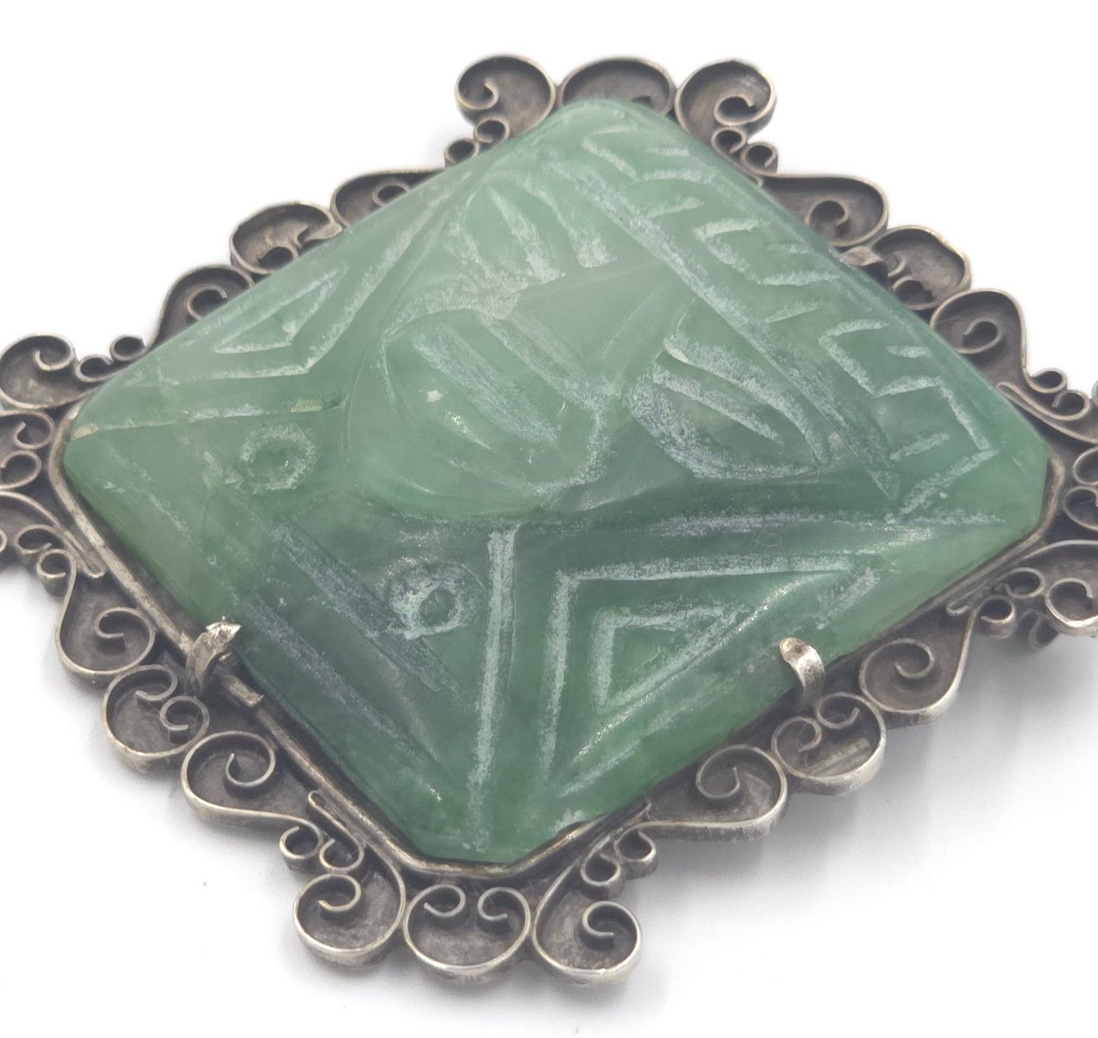 Vintage Taxco 980 Sterling Silver Carved Jadeite Aztec Warrior Brooch