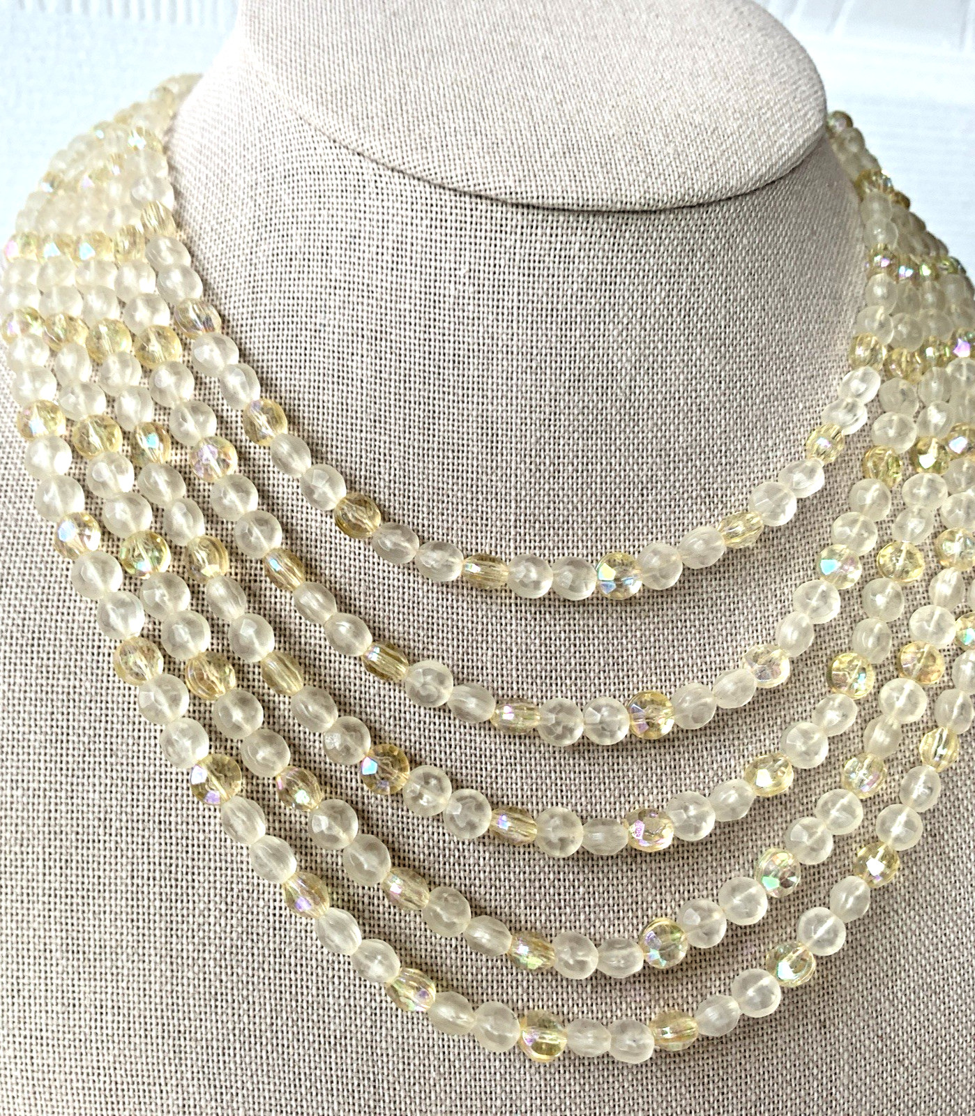 Vintage Germany Multi Strand Acrylic AB Bead Necklace Bib Fringe Choker