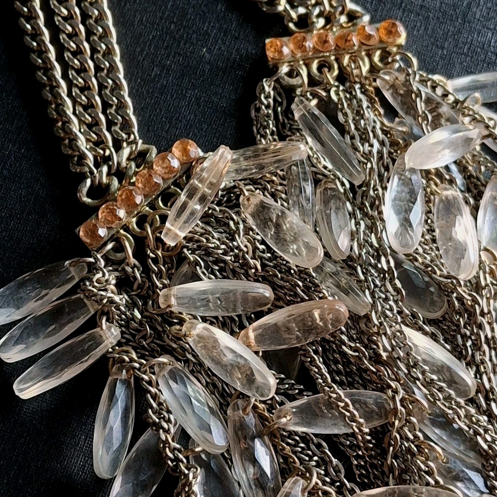 VTG Statement Bib Necklace Multi-Strand Fringe Featuring Clear Lucite Teardrops