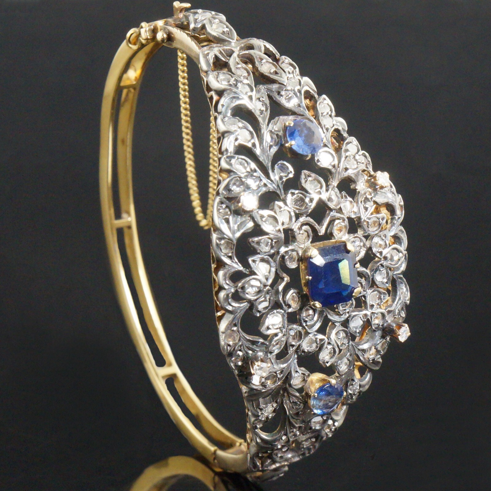 c1880 Solid 18K Yellow Gold, Silver, Rose Cut Diamond & Sapphire Bangle Bracelet