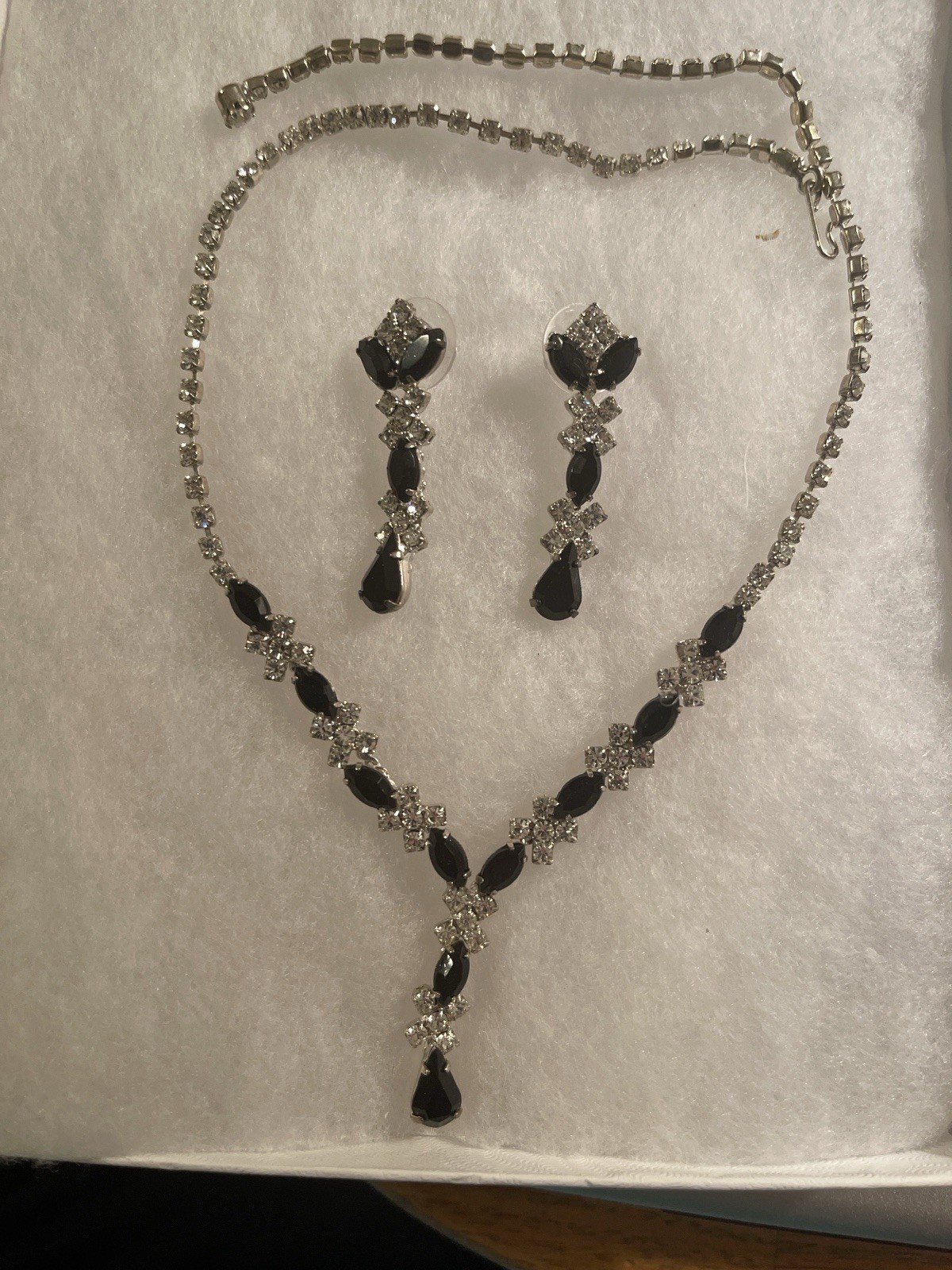 Vintage Rhinestone Necklace & Earrings Black Clear Stones Bridal Prom Jewelry