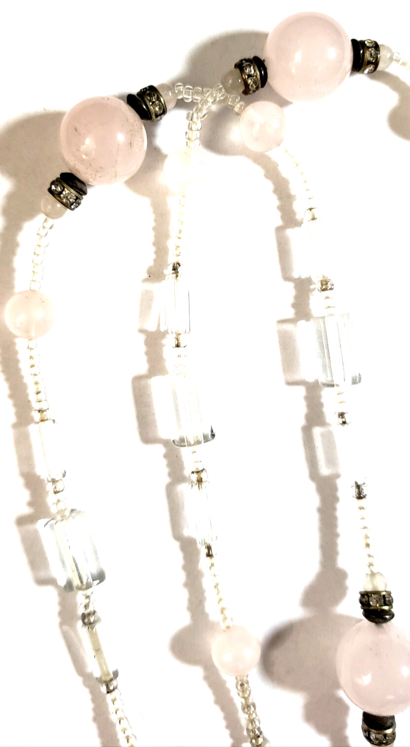 VTG ART GLASS BEAD NECKLACE Pink PateDeVerre/ Clear Sister Clasp Unsigned Beauty
